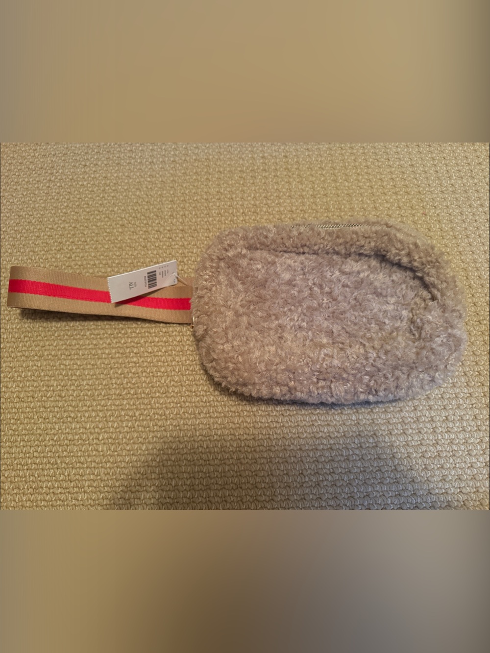 Anthropologie Beige Faux Shearling Belt Pouch with Red-Striped Strap